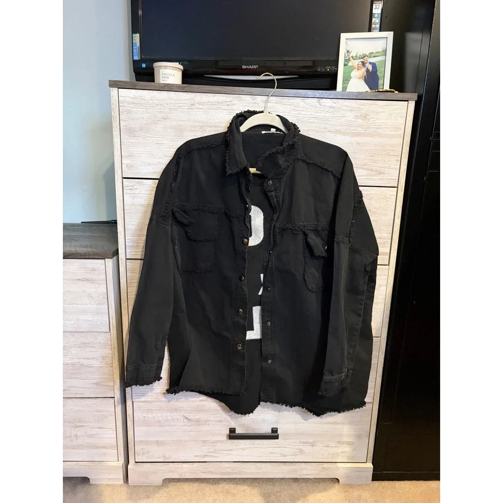 Veveret Rock & Roll Oversized Distressed Denim Shirt Jacket Black Medium - Picture 2 of 5